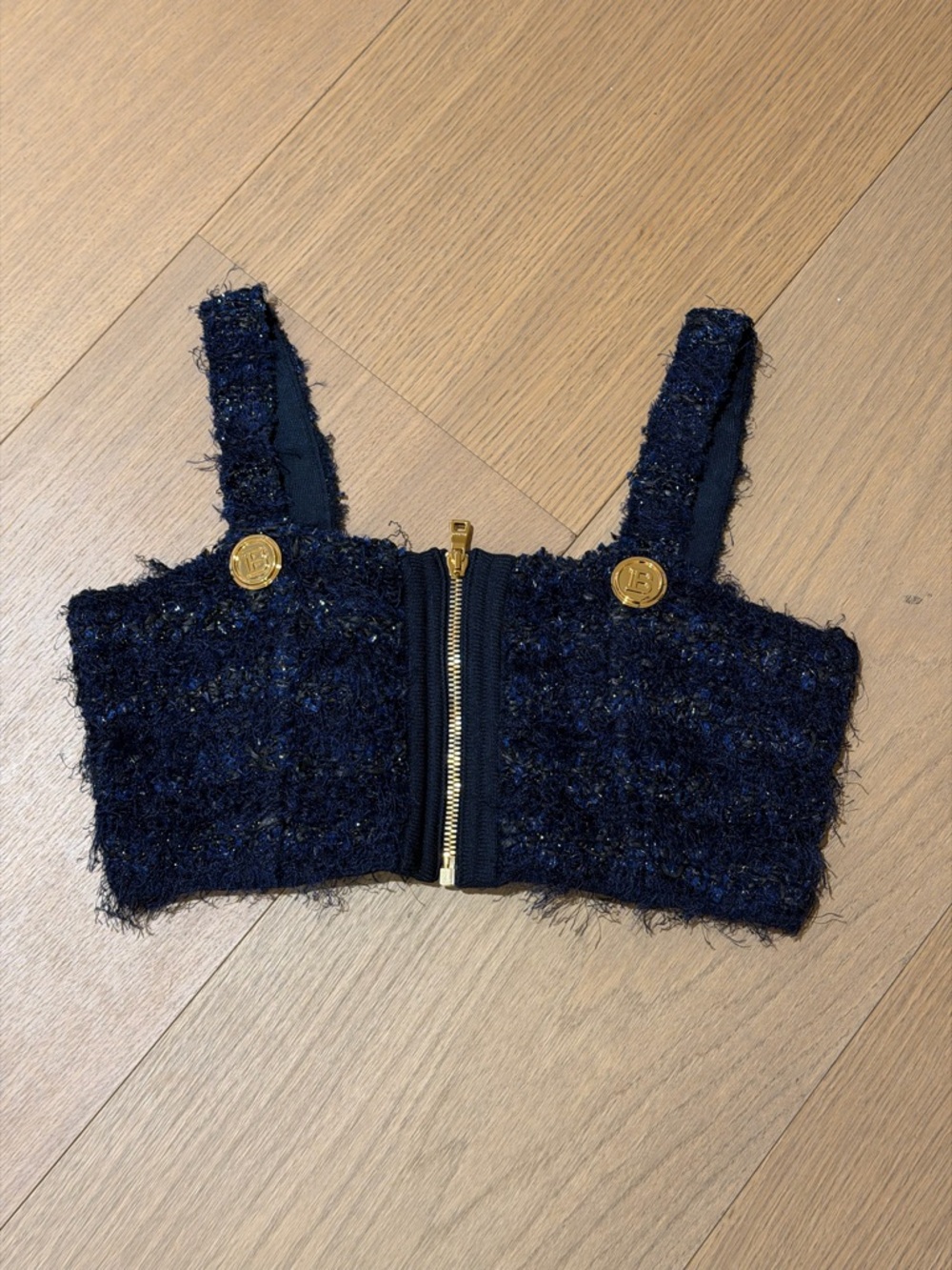 Balmain Navy Tweed Crop Top